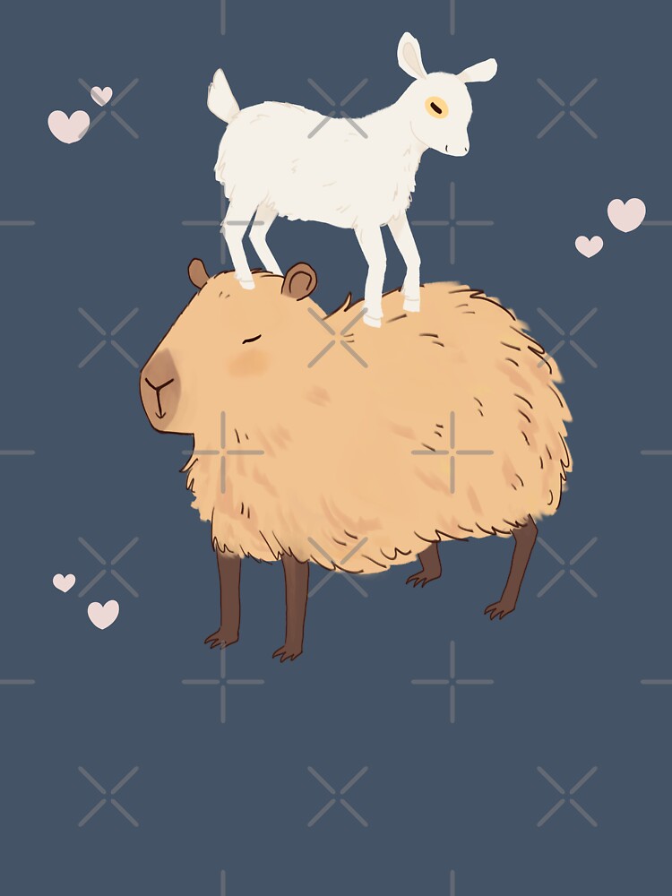 Capybara with a baby goat friend standing on its head - a cute cartoon capybara illustration chilling by Yarafantasyart