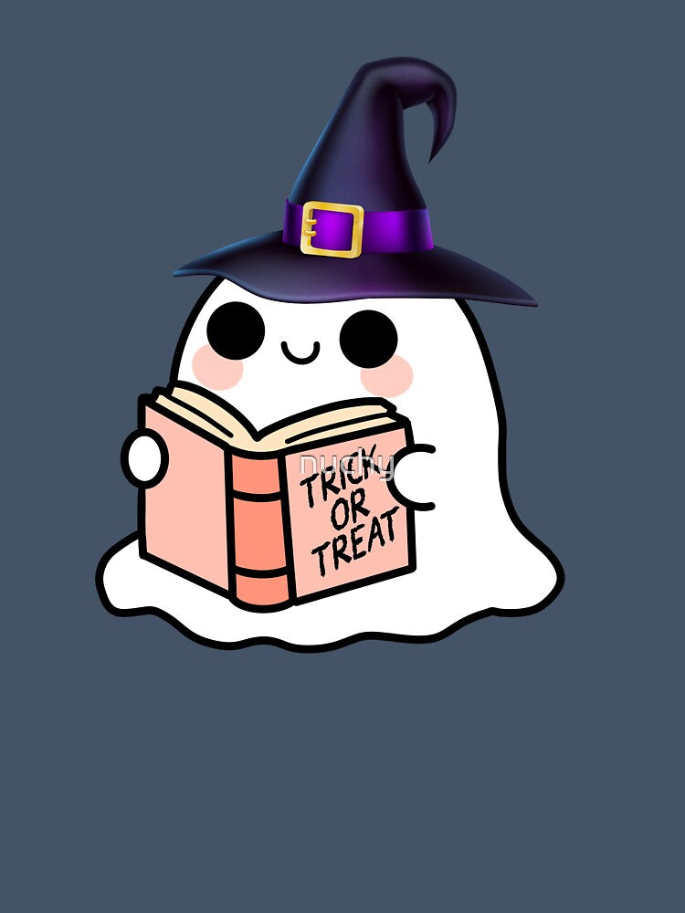 "Trick or Treat with Kindness – Halloween Ghost Reading a Book Instead of Playing Tricks" by nuchy