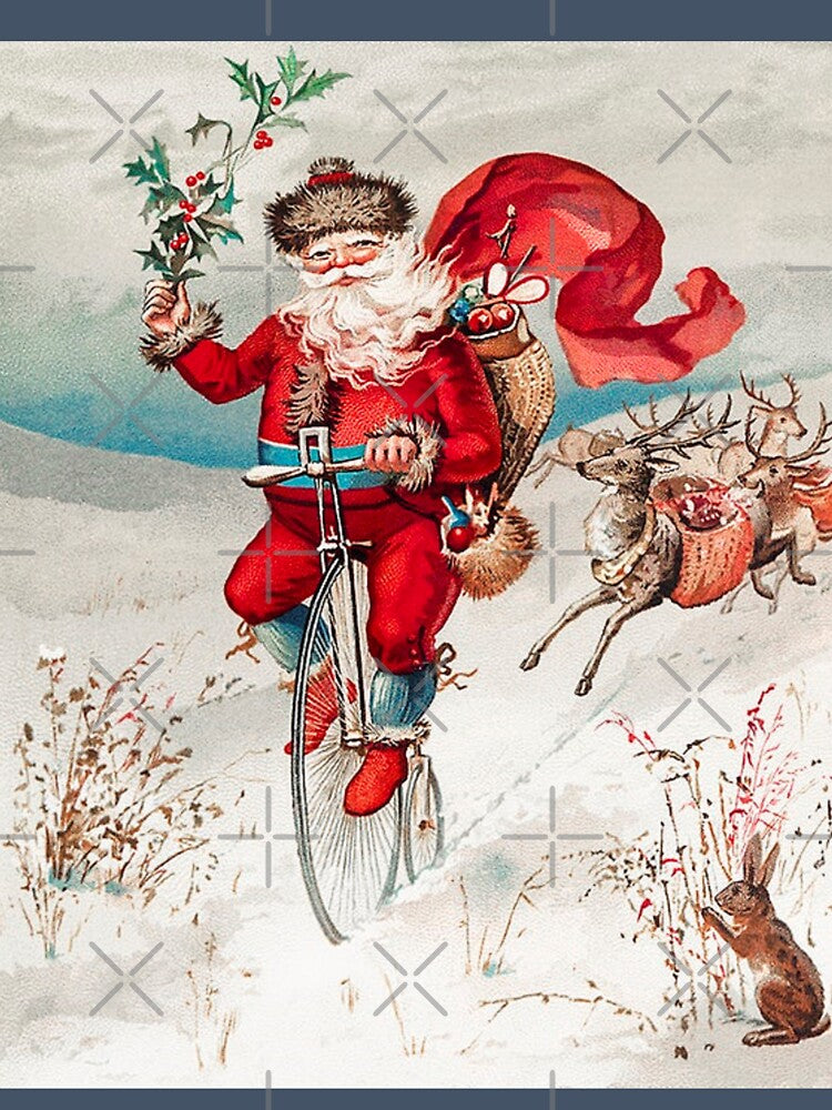 Santa Claus on a penny farthing with reindeer trailing and a rabbit by IMPHives