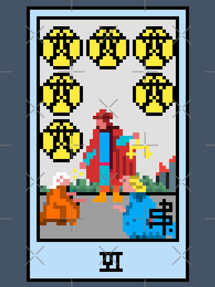 Wait, is this pixel art tarot? Blue - Minor Arcana 'Six of Pentacles' (Design for T-shirt, stickers and other accessories) by Pixel Waite