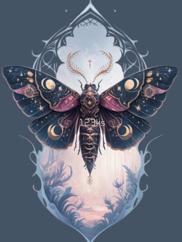 A beautifully designed moth with a whimsical gothic, celestial boho, and geometric style by 123ks