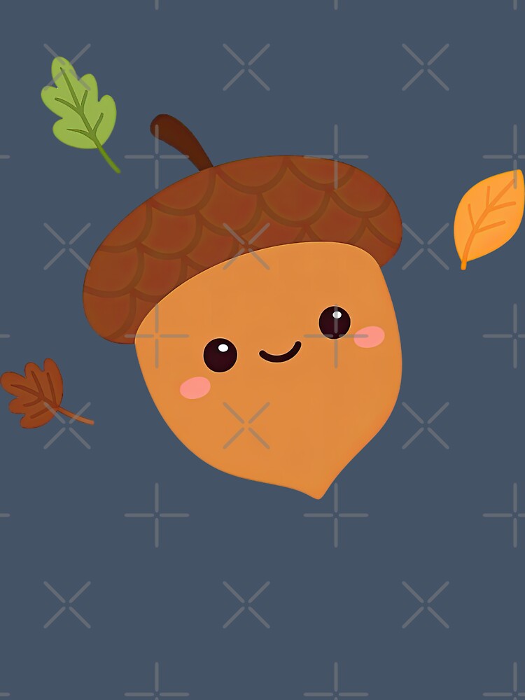 Cute Kawaii Acorn with Smiling Face and Leaves by ArtfulWeave