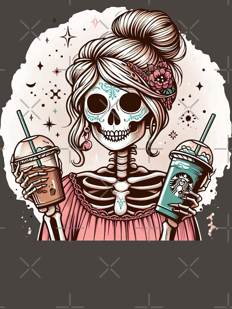 Skeleton Girl with Iced Coffee Pumpkin Spice, Fall, Halloween by roni-and-rye