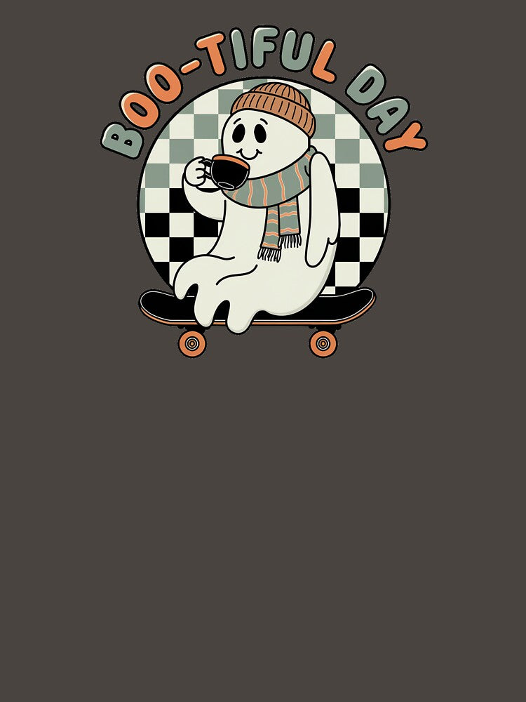 Boo-tiful Day - Cozy Ghost Skateboarding Design by OldSchoolRetro