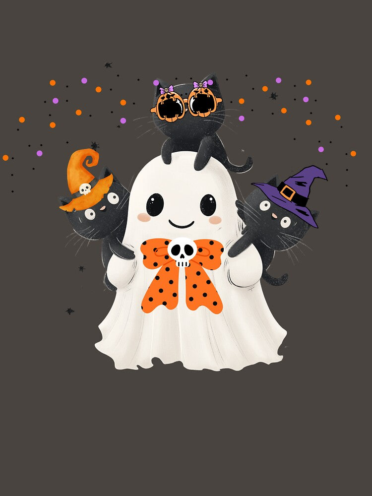 Cute Halloween Ghost with Black Cats | Spooky Kawaii Trick-or-Treat Art by MiraCatMiraCle