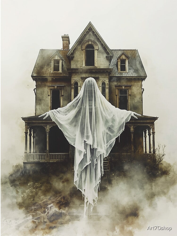 White lady in front of haunted house by Art70shop