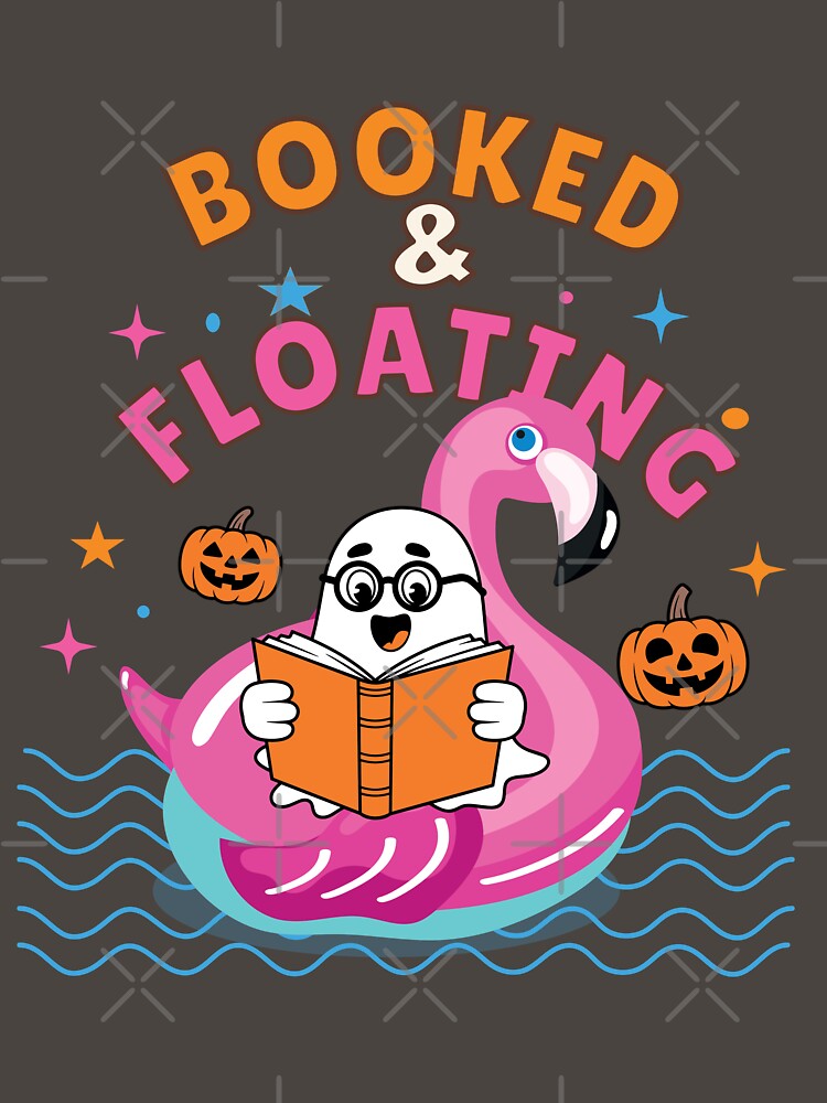Booked & Floating | Cute Ghost Reading on Flamingo Float | Halloween Book Lover by jananinaveen