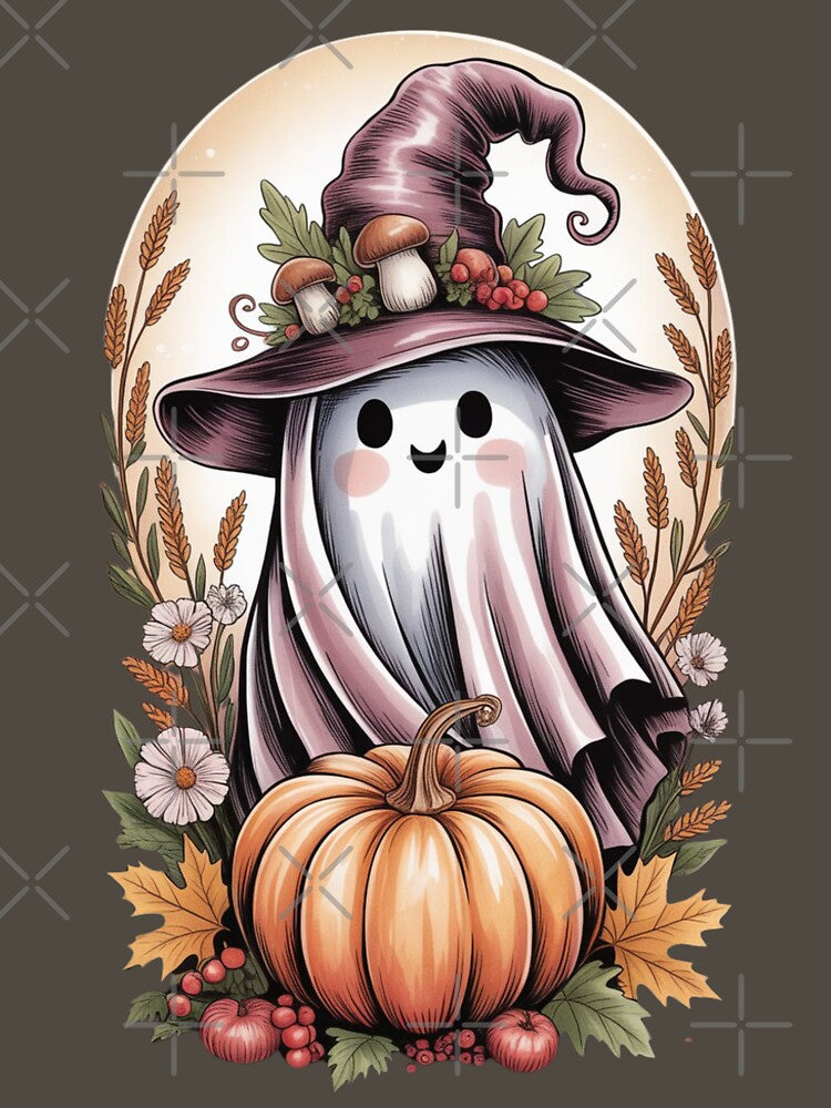 Copy of Whimsical Autumn Ghost with Pumpkin and Woodland Flowers – Cozy Fall Illustration T-shirt , sticker by 5CatDesign