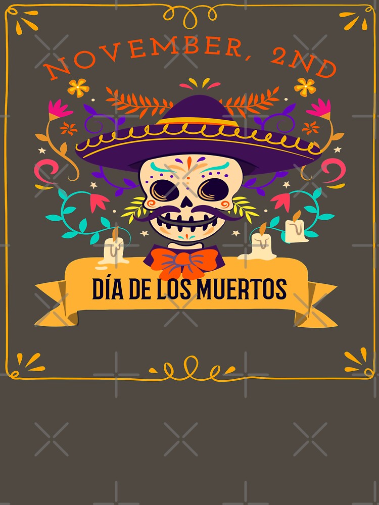 Dia De Los Muertos Cempasuchil Flowers Day of The Dead Skull with Hat by LMcDs