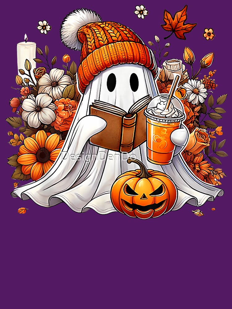 Ghost Drinking Coffee Book Reading, Halloween Pumpkin Flower by DesignDenDo ⭐⭐⭐⭐⭐