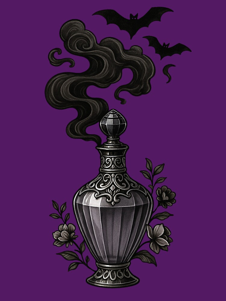 “Gothic Perfume Bottle – Dark Smoke Potion with Bats and Florals” by Mouraludia