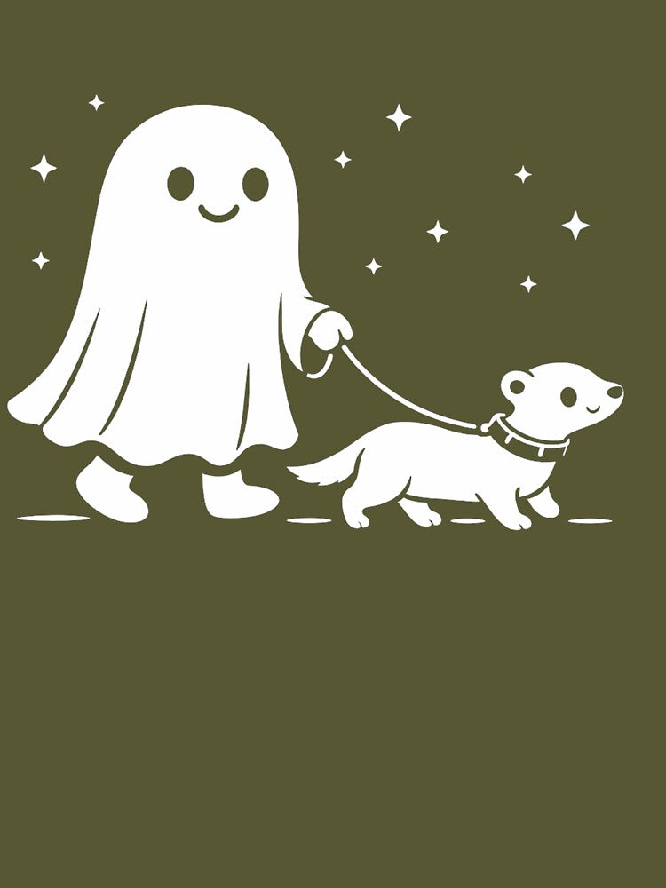 Cute Ghost Walking a Dog at Night – Funny Minimal Halloween Illustration by Next Level Prints