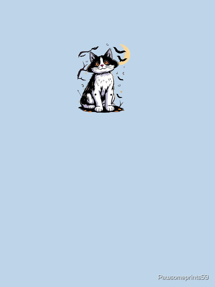 Black and White Cat with Bats and Moon by Pawsomeprints59