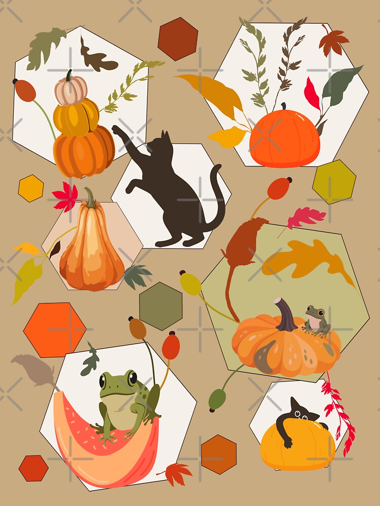 Halloween Pumpkin, Cats and Frogs Autumn Hexagon Pattern by Vibria Pattern Studio