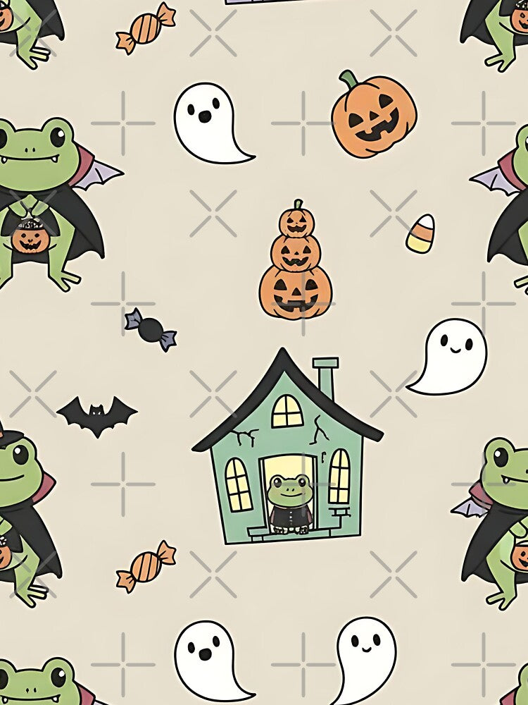 Cute Halloween Vampire Frog Pattern with Haunted Houses Ghosts and Pumpkins by ArtDesignTp