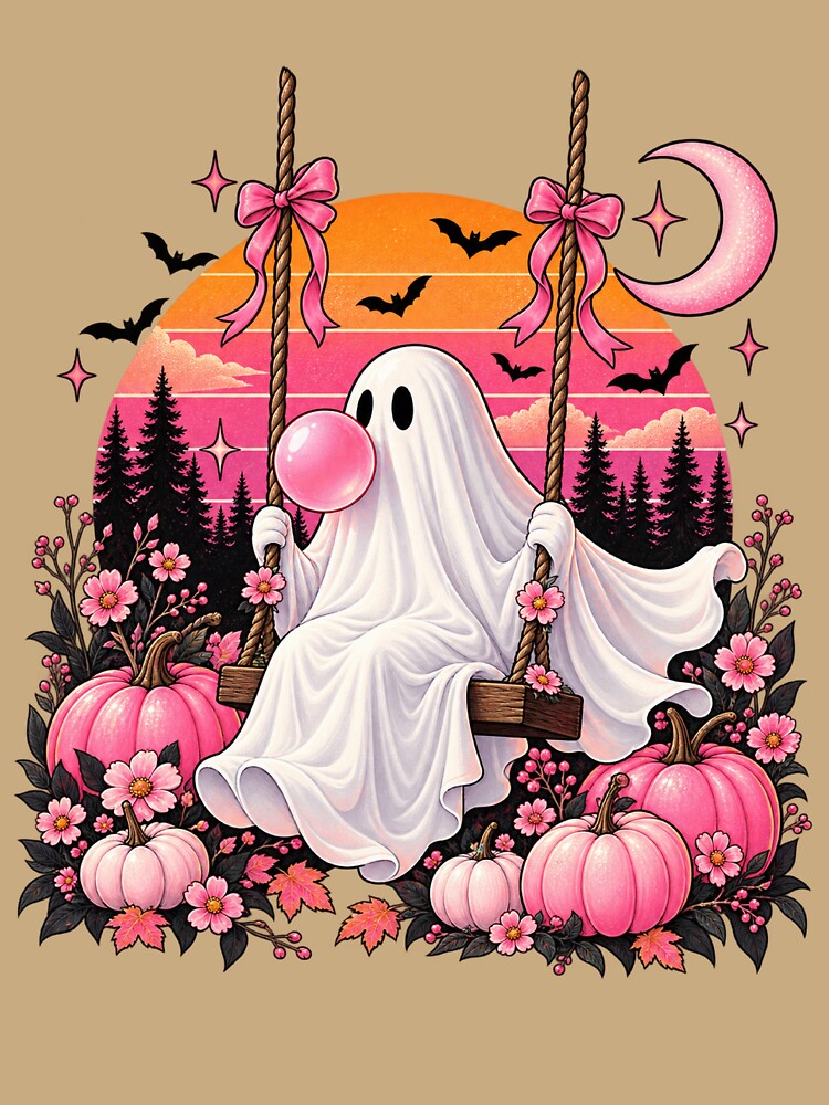 Cute Ghost Blowing Bubble on Swing with Pink Pumpkins by YeddiLoy