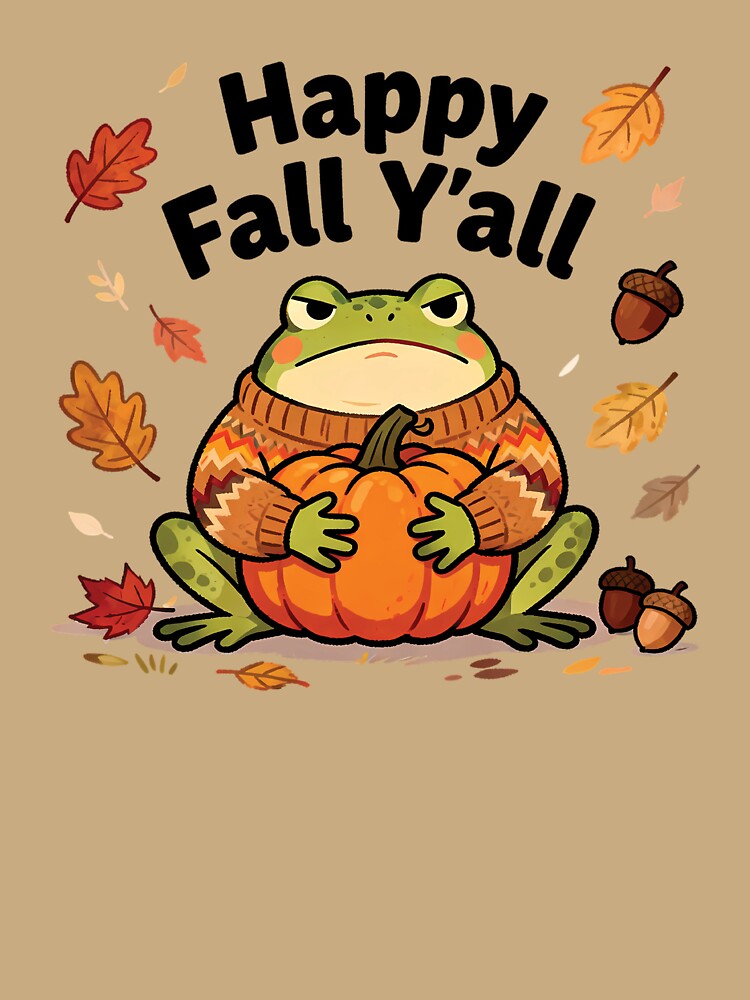 Happy Fall Y'all Grumpy Frog in Sweater Hugging Pumpkin by andromeda-redd
