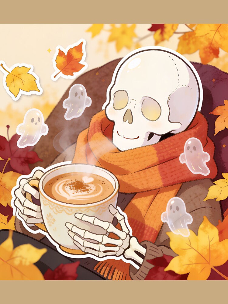Cozy Skeleton Drinking Coffee with Ghosts Autumn Halloween Sticker by OksArtStudio