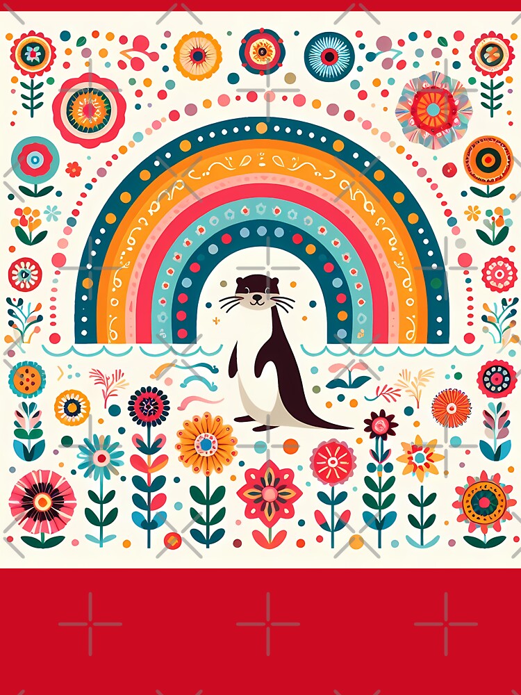 Otter Under Rainbow with Floral Motifs – Scandinavian Folk Art by heidiannemorris © by FOLK ART FUSION