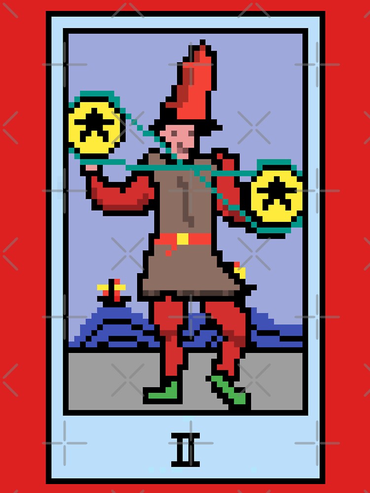Wait, is this pixel art tarot? Pink - Minor Arcana 'Two of Pentacles' (Design for T-shirt, stickers and other accessories) by Pixel Waite