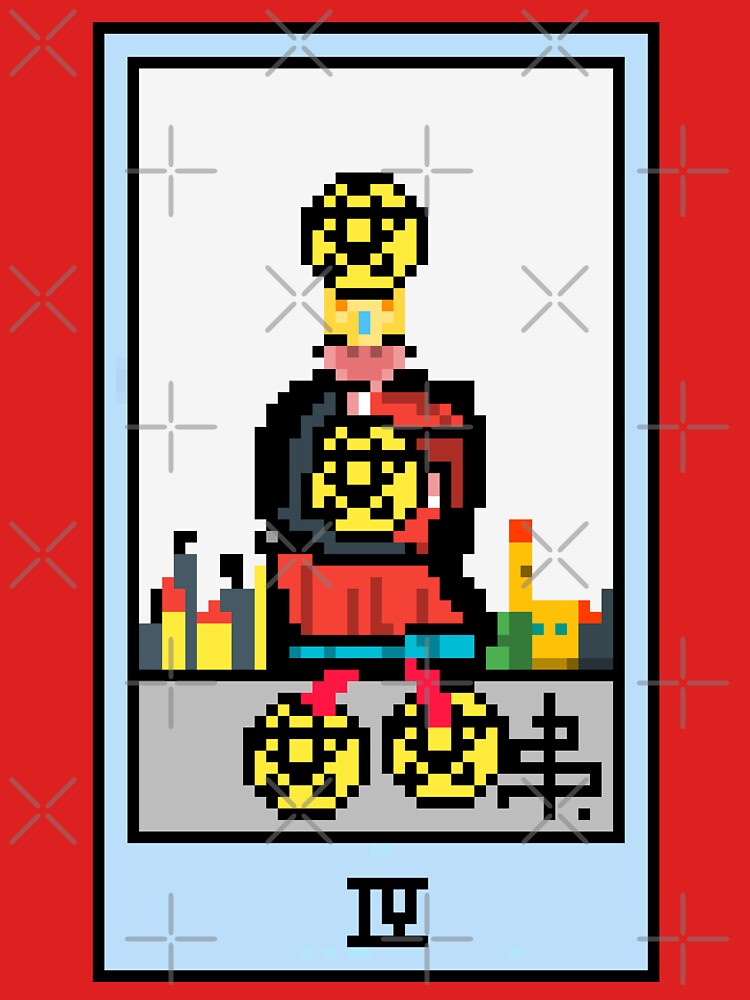Wait, is this pixel art tarot? Pink - Minor Arcana 'Four of Pentacles' (Design for T-shirt, stickers and other accessories) by Pixel Waite
