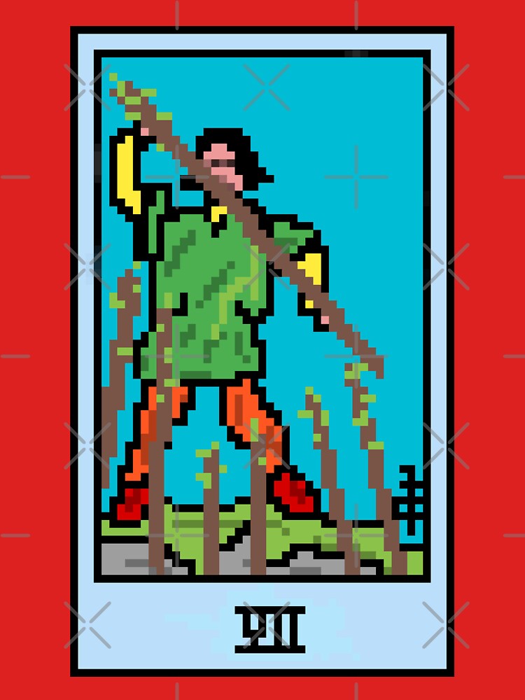Wait, is this pixel art tarot? Pink - Minor Arcana 'Seven of Wands' (Design for T-shirt, stickers and other accessories) by Pixel Waite