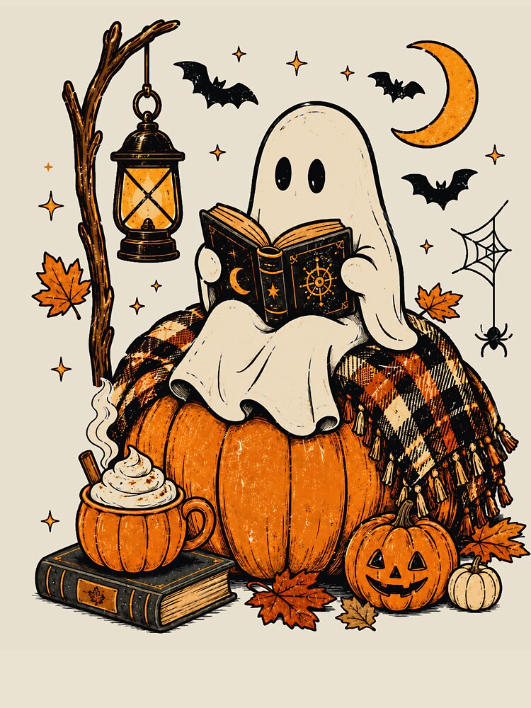 Cozy Ghost Reading Spellbook On Pumpkin by sanaeshoop