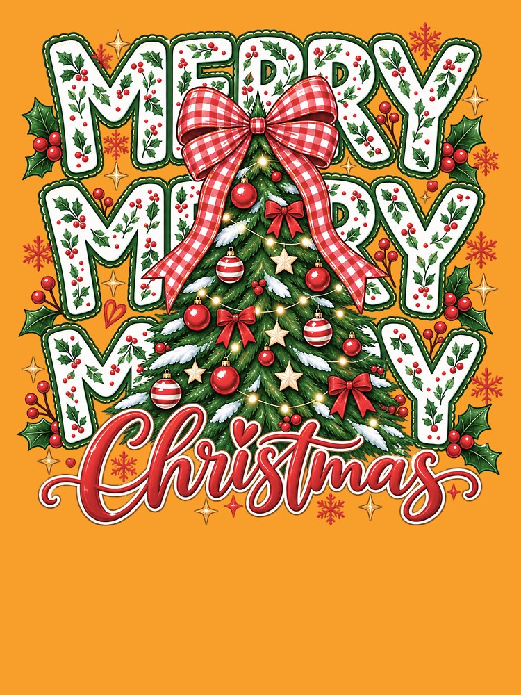 Coquette Floral Merry Christmas, Preppy Christmas Bow and Checkered Red Plaid Tree, Faux Glitter Holiday Design, Cute Xmas Gift by Quiajia