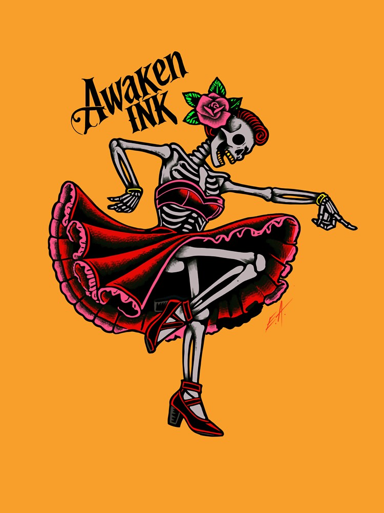 Dancing lady skeleton tattoo by Awakenink