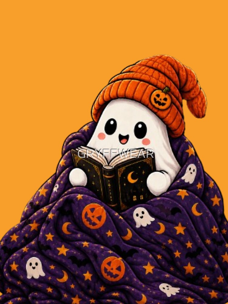 Cute Halloween Ghost Reading Book Cozy Spooky Autumn Design by GRYFFWEAR