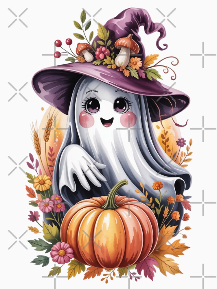 Whimsical Autumn Ghost with Pumpkin and Woodland Flowers – Cozy Fall Illustration T-shirt , sticker by 5CatDesign