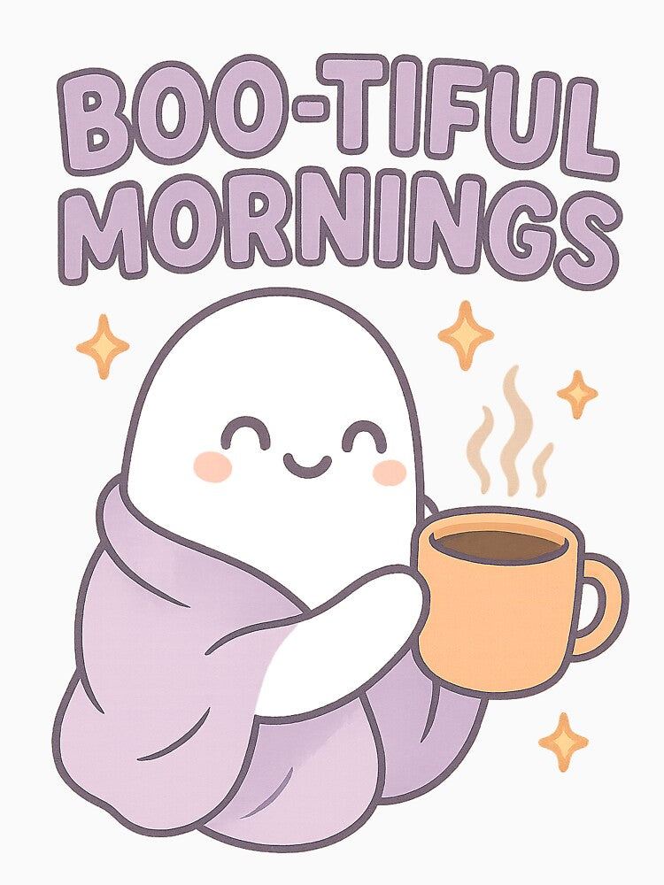 Boo-tiful Mornings – Cute Ghost with Coffee Cup by Dream Machine