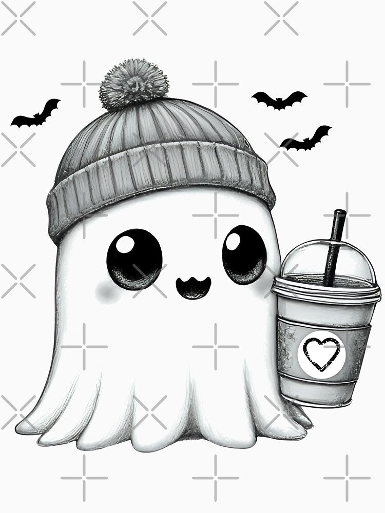 Cozy Ghost with Coffee – Cute Kawaii Halloween Design by Sandy's Cheeky Studio
