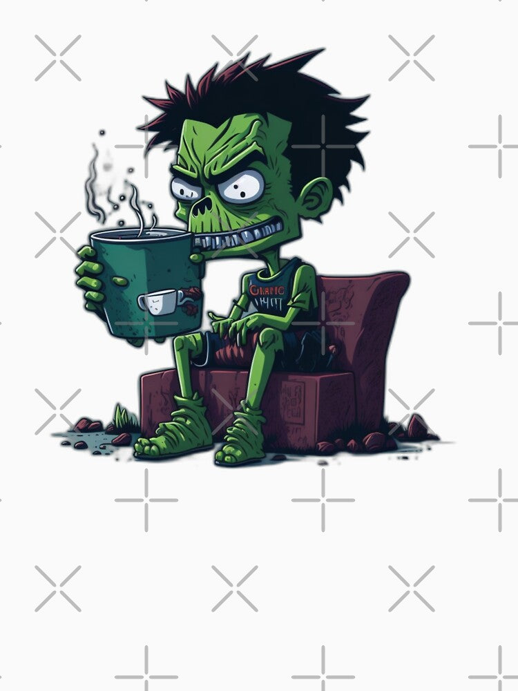 Cartoon digital drawing of a zombie blissfully drinking from a white cup filled with steaming coffee by MRFEZOO2030