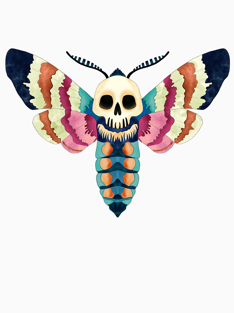 Vibrant Death Head Moth Skull Illustration, blue pink orange by IrenicBears