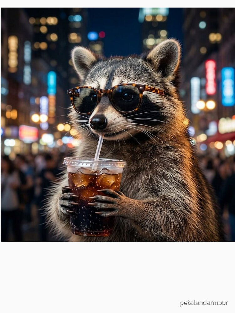 Raccoon Drinking Soda Wearing Sunglasses in the City by petalandarmour
