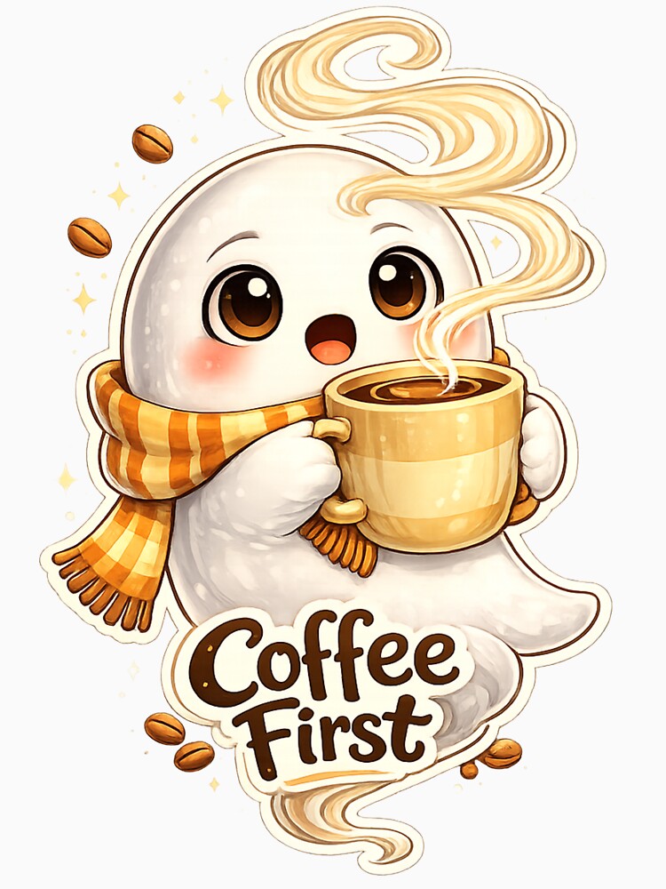 Milo the Ghost - Coffee First | Cute Spooky Ghost Art by Loom & Groove
