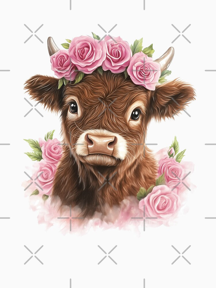 Baby Highland Cow with Roses by rosebudprintco