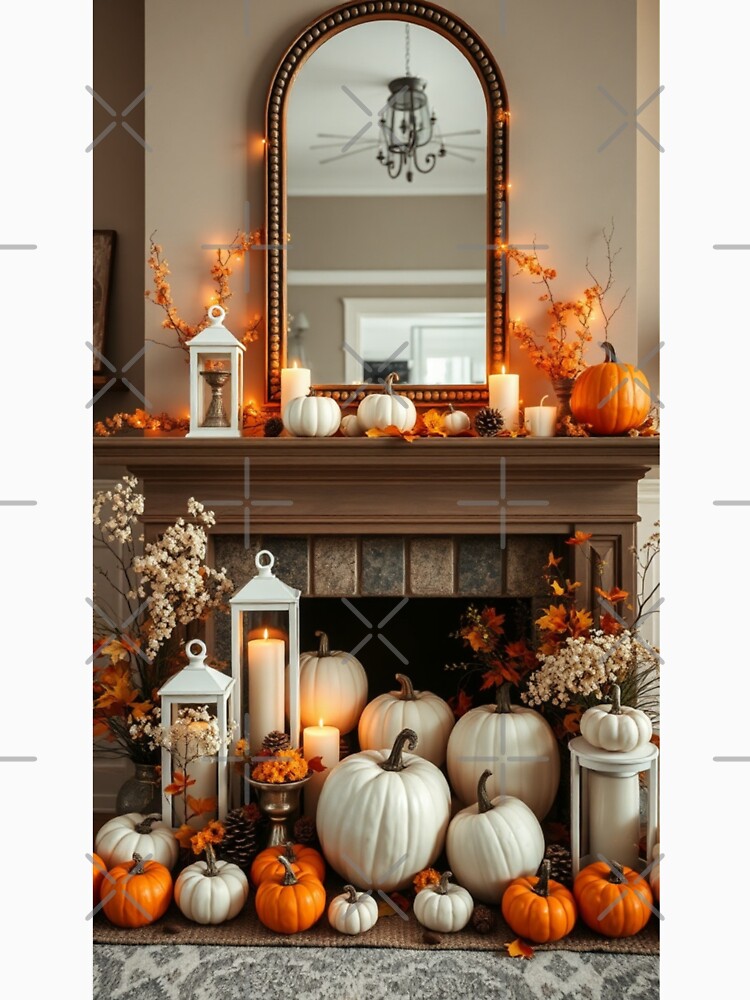 Elegant Autumn Hearth Decor | Arch Mirror, White Pumpkins, and Cozy Lanterns by Vida e Arte