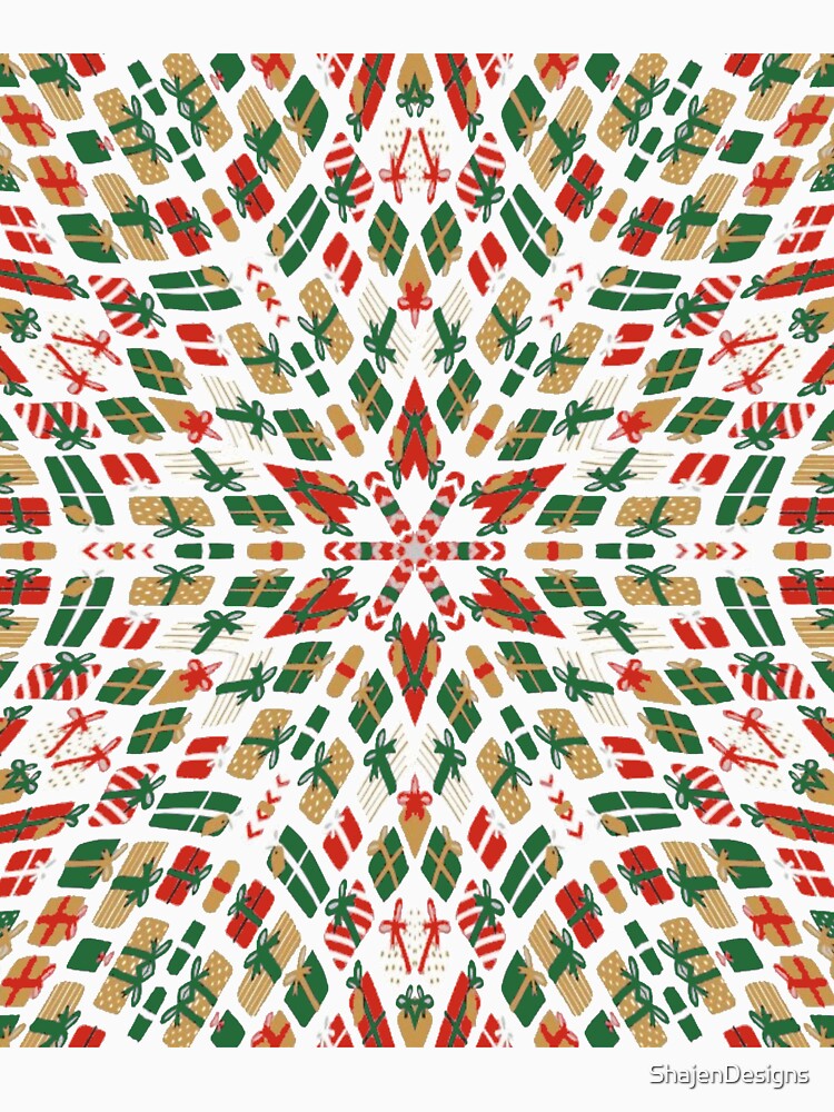 Retro Christmas Kaleidoscope with Red Green Gold Christmas Presents Gifts on Pale Blue Background by ShajenDesigns