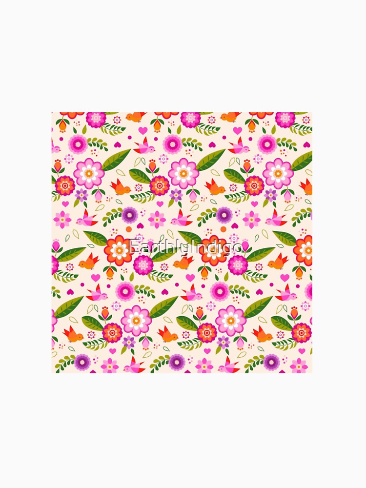Pink Flower Spring Pattern, Girly Pink Floral Birds Spring by EarthlyIndigo