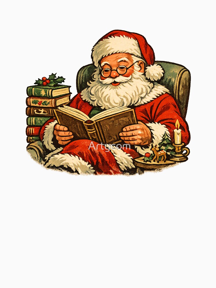 Cozy Retro Santa Claus Reading Christmas Books 1960s Style Gift by Artycom