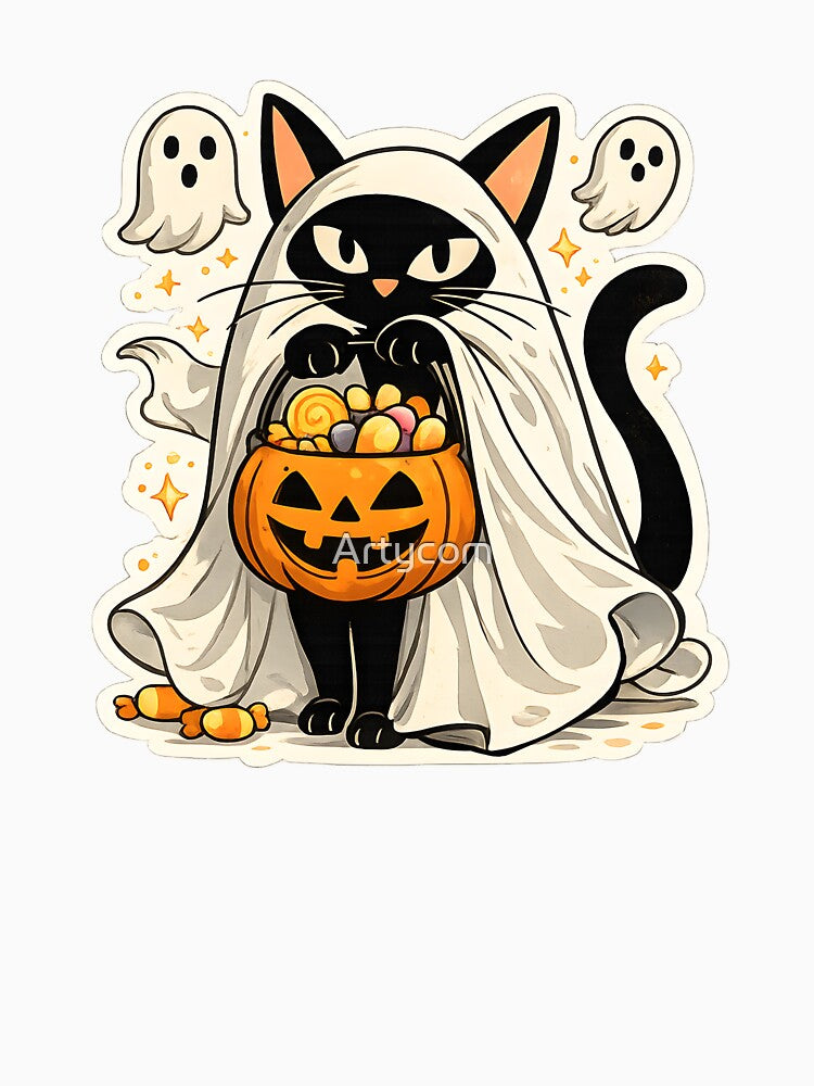 Ghost Cat Trick or Treat – Spooky Black Cat Halloween Costume Candy Pumpkin Gift by Artycom