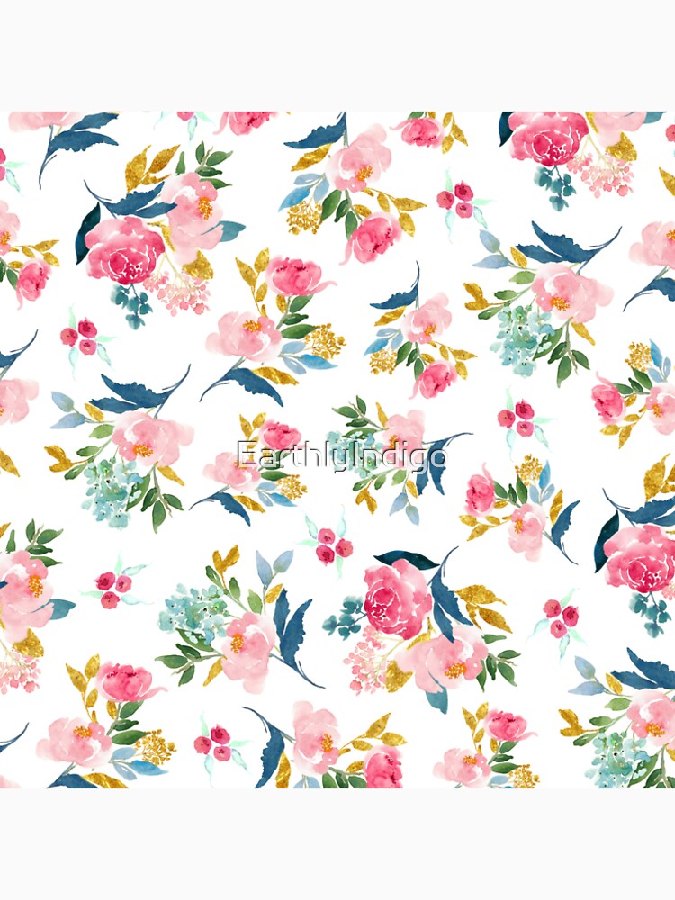Colorful Watercolor Flowers, Pink and Gold Floral Pattern, Spring Girly Flowers by EarthlyIndigo