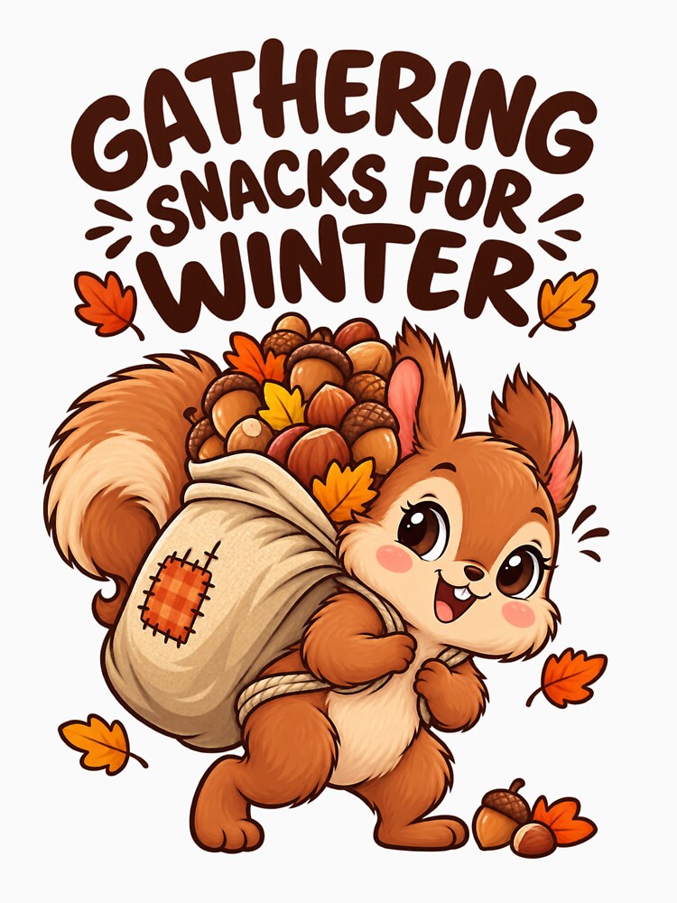 Gathering Snacks for Winter – Funny Cute Squirrel Autumn Design by Kiinaaa