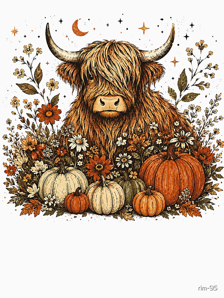 Highland Cow Autumn Pumpkins Wildflower Fall by rim-95