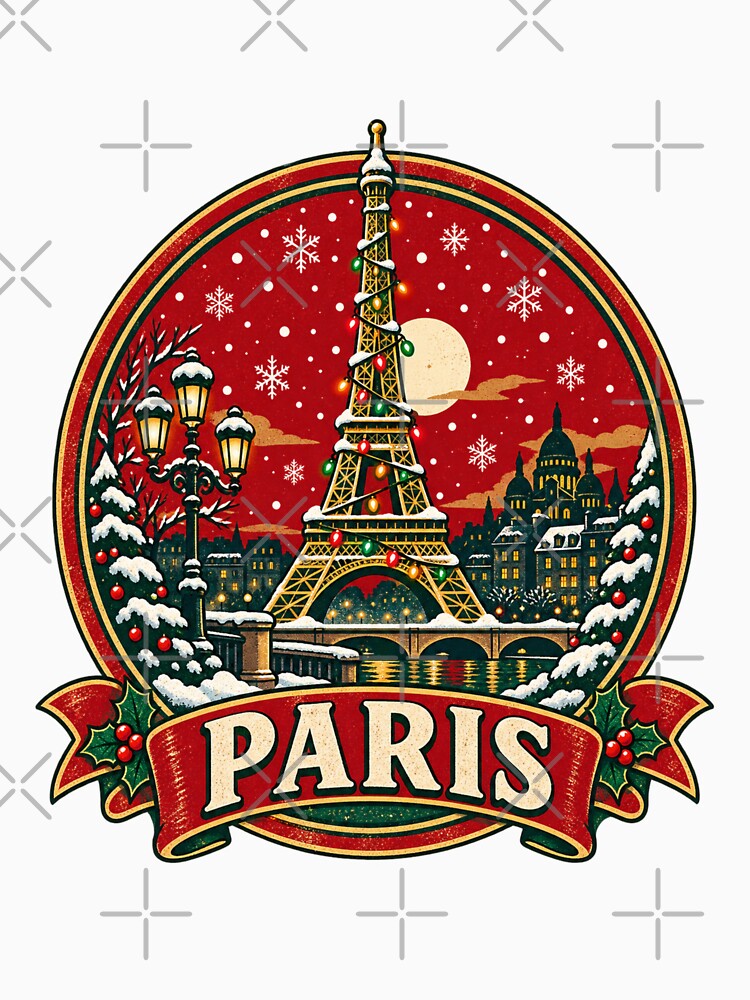 Paris Christmas Eiffel Tower Vintage Retro Travel Badge by Globalcitytees