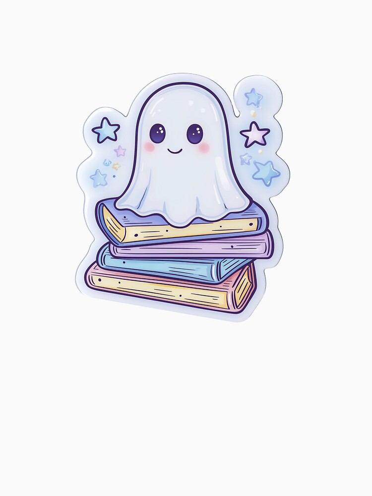 Cute Ghost with Books and Stars Sticker for Book Lovers by Liseri