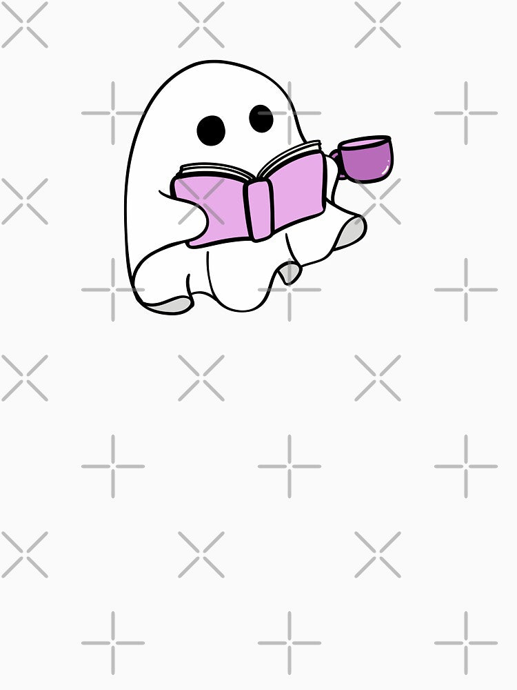Purple sheet ghost with book and coffee mug by Neadoodles