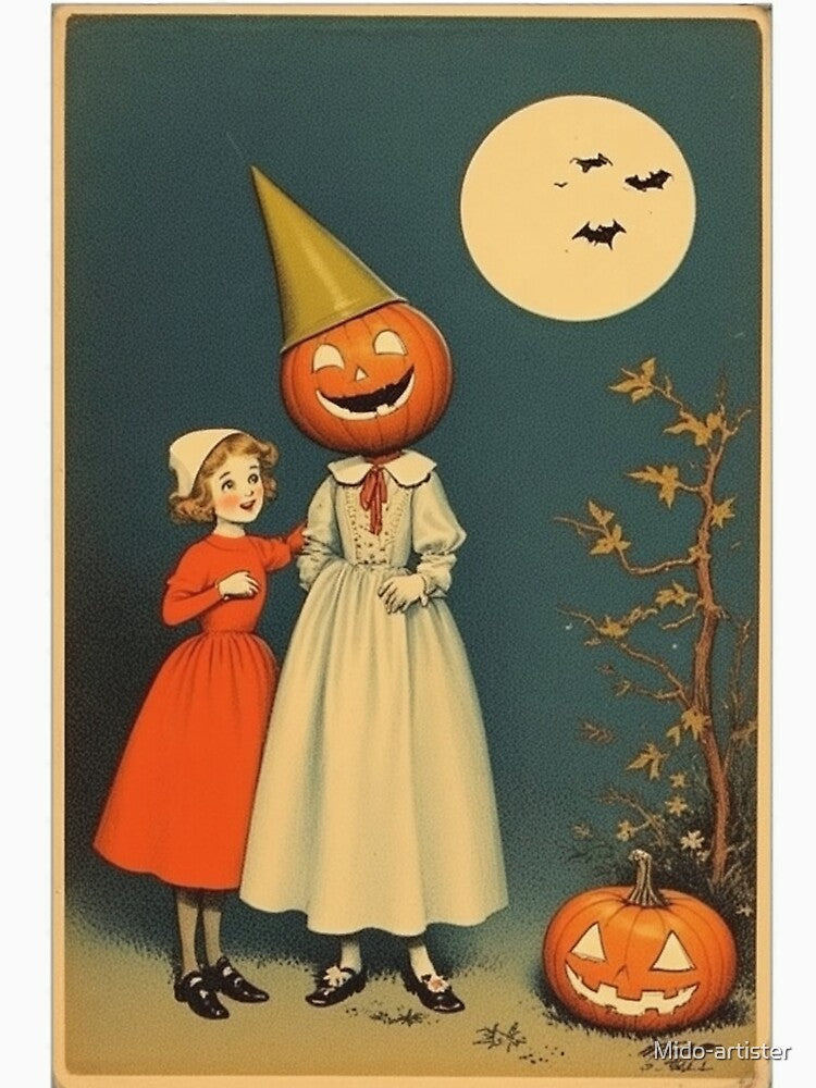 Vintage Halloween Night – Pumpkin Head & Little Girl Retro Art by Mido-artister